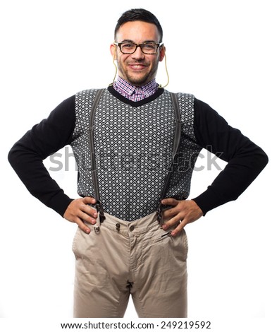 Funny nerd with suspenders isolated on white background