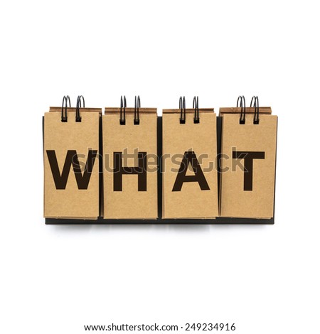 Flip craft paper card with text "WHAT". Isolated on a white background.
