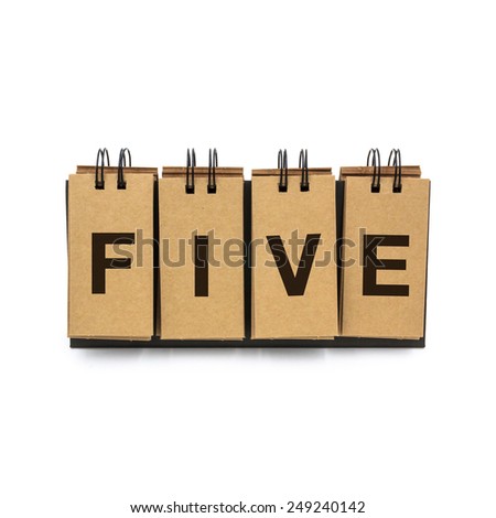 Flip craft paper card with text "FIVE". Isolated on a white background.