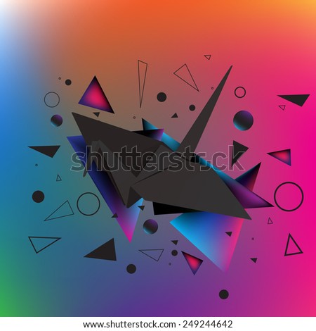 Vector Illustration of a black paper origami crane in explosion of different geometric shapes. EPS 10