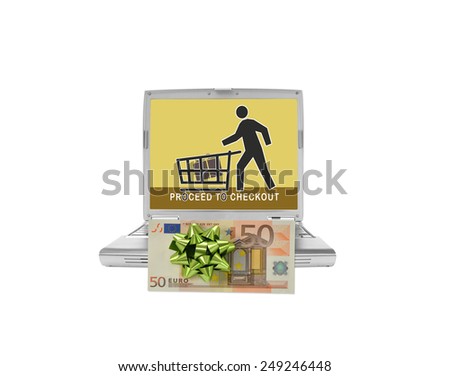 Proceed to checkout on laptop computer screen isolated on white background
