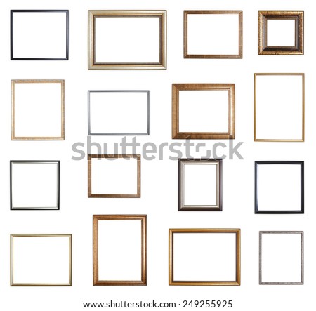 Set of multiple empty copyspace wooden picture frames with with the shadow drops, isolated over the white background Royalty-Free Stock Photo #249255925