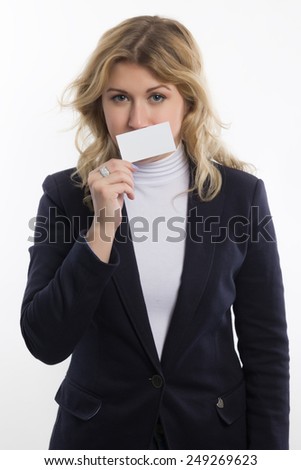 Businesswoman holds big white banner isolated on white background