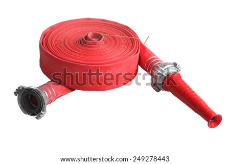 Rolled up red fire fighting hose with coupler and nozzle, Isolated on white background.