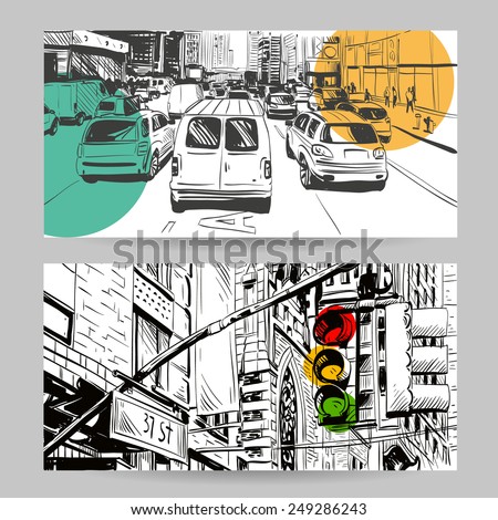 Set of city sketch banner design elements, vector illustration