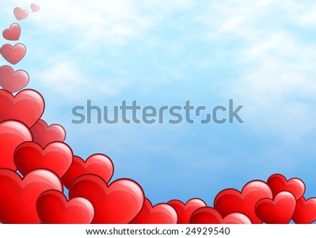 Lots of red hearts floating in a blue sky