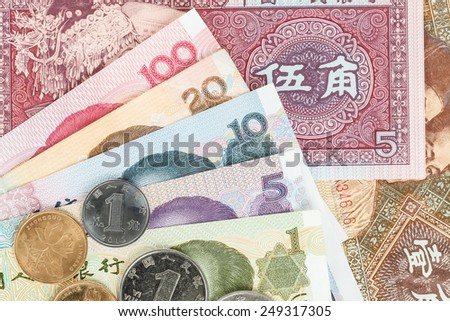 Chinese or Yuan banknotes money and coins from China's currency, close up view as background