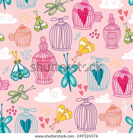 Lovely pink pattern of cages and butterflies.