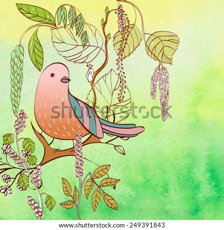Vector sketch of a bird with plants. Hand drawn illustration