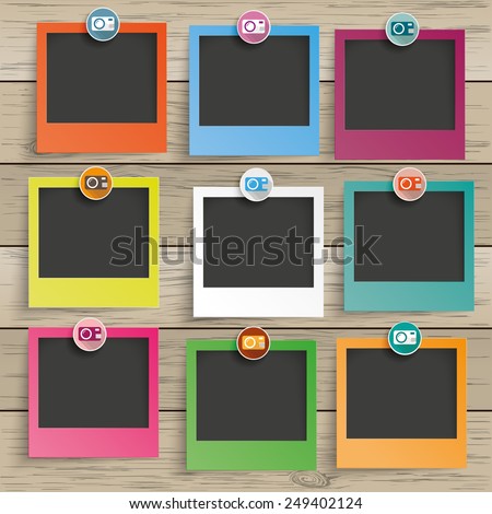 9 photo frames with camera icons on the wooden background. Eps 10 vector file.