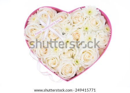 White roses and pearl and diamond held in the heart shape box with "happy valentine's day" text label. gift for valentine 's day, isolated on white background