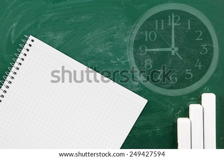 Blank school board with chalk and blank checked note paper, collage with clock