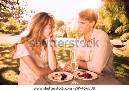 Cute couple having champagne and desert in the park on a sunny day