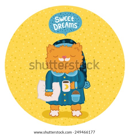 cute cartoon ginger sleepy cat with pillow and coffee