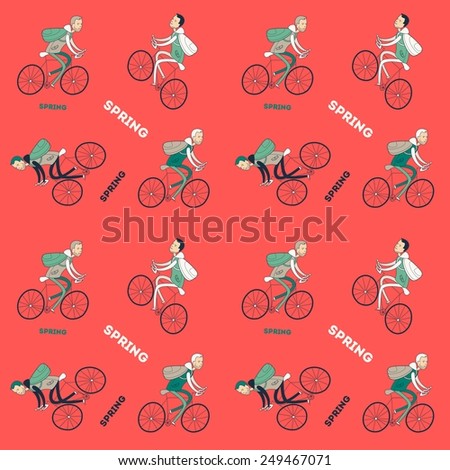 Vector colorful square card with pattern of cute doodle beard man in spring jacket on bicycle.