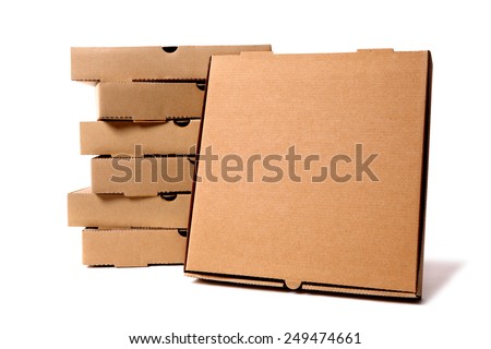 Pizza box, stack, brown, front view. Royalty-Free Stock Photo #249474661