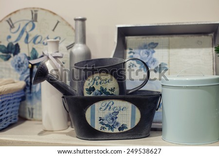 Beautiful furniture with tableware and decor,kitchen with vintage boxes