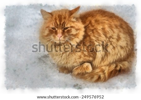 Watercolor painting of ginger cat 