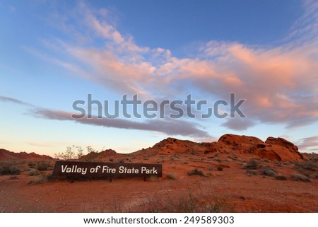 Park entrance at sunrise, Valley of Fire State Park, NV.
