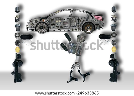 Image of auto mechanic under the car. New auto parts, spare parts laid out in the form of a car. Spare parts for shop, aftermarket OEM. New spare parts for shop. Many auto parts, spare parts for car.