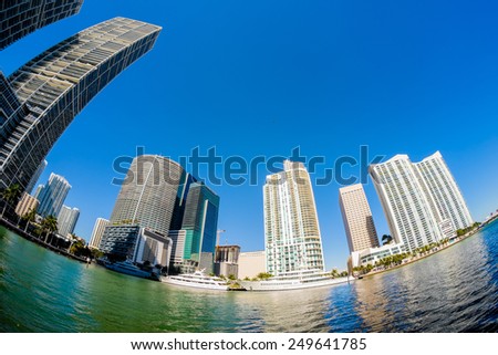 Fish eye view of  downtown Miami along Biscayne Bay.