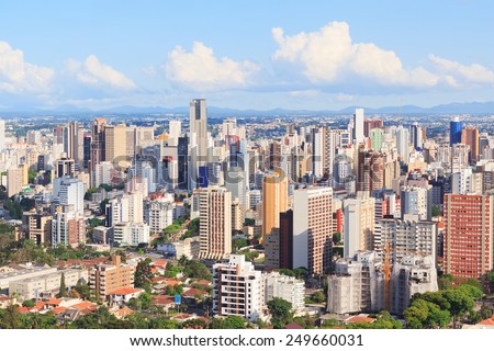 Panoramic view of city center, buildings, hotels from tv tower, Curitiba, Parana, Brazil Royalty-Free Stock Photo #249660031