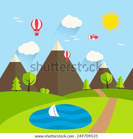 Summer landscape, vector illustration.  Mountains, hills, road, trees, sky, sun, clouds, green grass, air balloons 