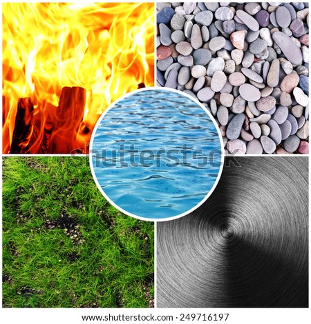 Collage of Feng Shui destructive cycle with five elements (water, wood, fire, earth, metal) Royalty-Free Stock Photo #249716197