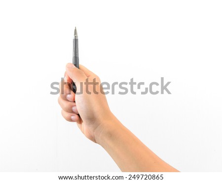 Hand holding a pen isolated over white background