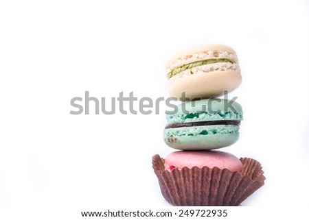 Colorful French Macaroons on the white background.