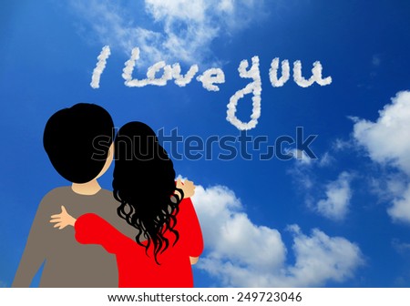 Couple in love.I love you! text in clouds with blue sky background