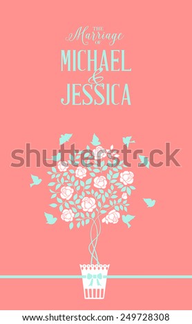 Rose bush icon over red background card with marriage text. Vector illustration