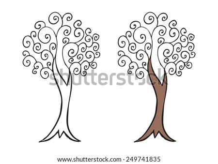 Doodling hand drawn amazing tree with curls, contour and colorful, vector illustration