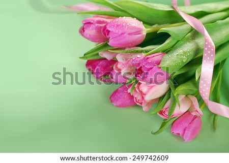 bunch of fresh pink tulips with water drops lying in the corner of green background