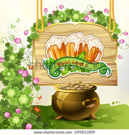 Wood banner with clover, beer and pot of coins