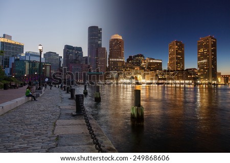 Boston skyline day to night montage - Massachusetts - USA - United States of America