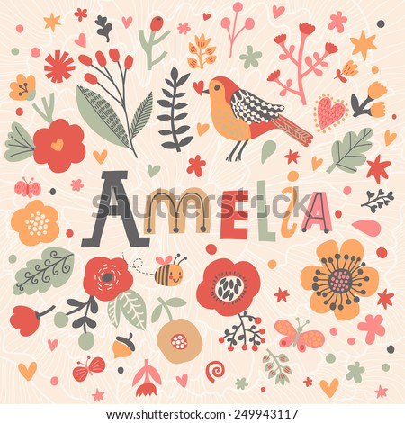 Bright card with beautiful name Emma in poppy flowers, bees and butterflies. Awesome female name design in bright colors. Tremendous vector background for fabulous designs