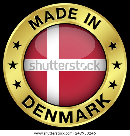 Made in Denmark gold badge and icon with central glossy Danish flag symbol and stars. Vector EPS 10 illustration isolated on black background.