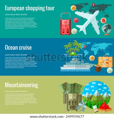 Flat design concepts for journey and traveling.european shopping tour, ocean cruise, mountaineering.Concepts for web banners and promotional materials