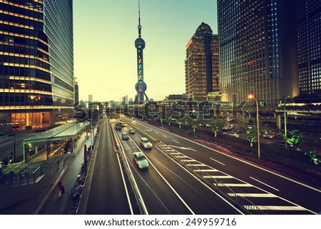 road in sunset time, Shanghai lujiazui financial center 