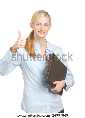 Business woman thumbs up with folio