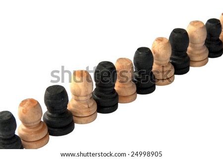 a row of chess pawns isolated on white background