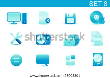 Vector illustration ? set of blue elegant simple icons for common computer and media devices functions.Set-8