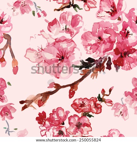 cherry blossoms watercolor pattern vector Royalty-Free Stock Photo #250055824