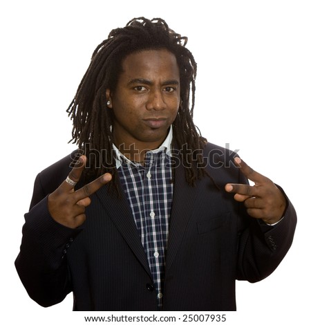 Smiling African adult male businessman with dreadlocks dressed in business casual making a peace sign.