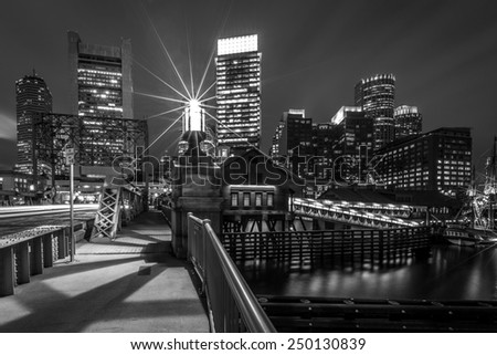 Panoramic view of Boston in Massachusetts, USA showcasing the architecture of its Financial District at Night.