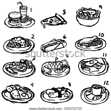 Rough black and white line sketch of international food icon collection set, create by vector