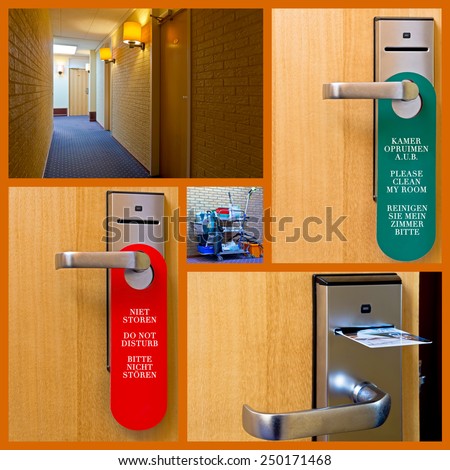 Collage of objects seen in a hotel corridor: doors, lights, carpet, labels, key card and cleaning cart. The text on labels is in Dutch, English and German.