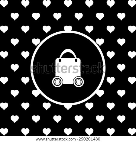 White hearts on a black background, white circle.  bag on wheels , vector illustration, EPS 10