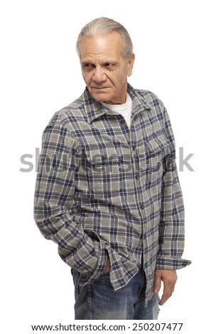 Image of senior man looking away with hand in pocket against white background